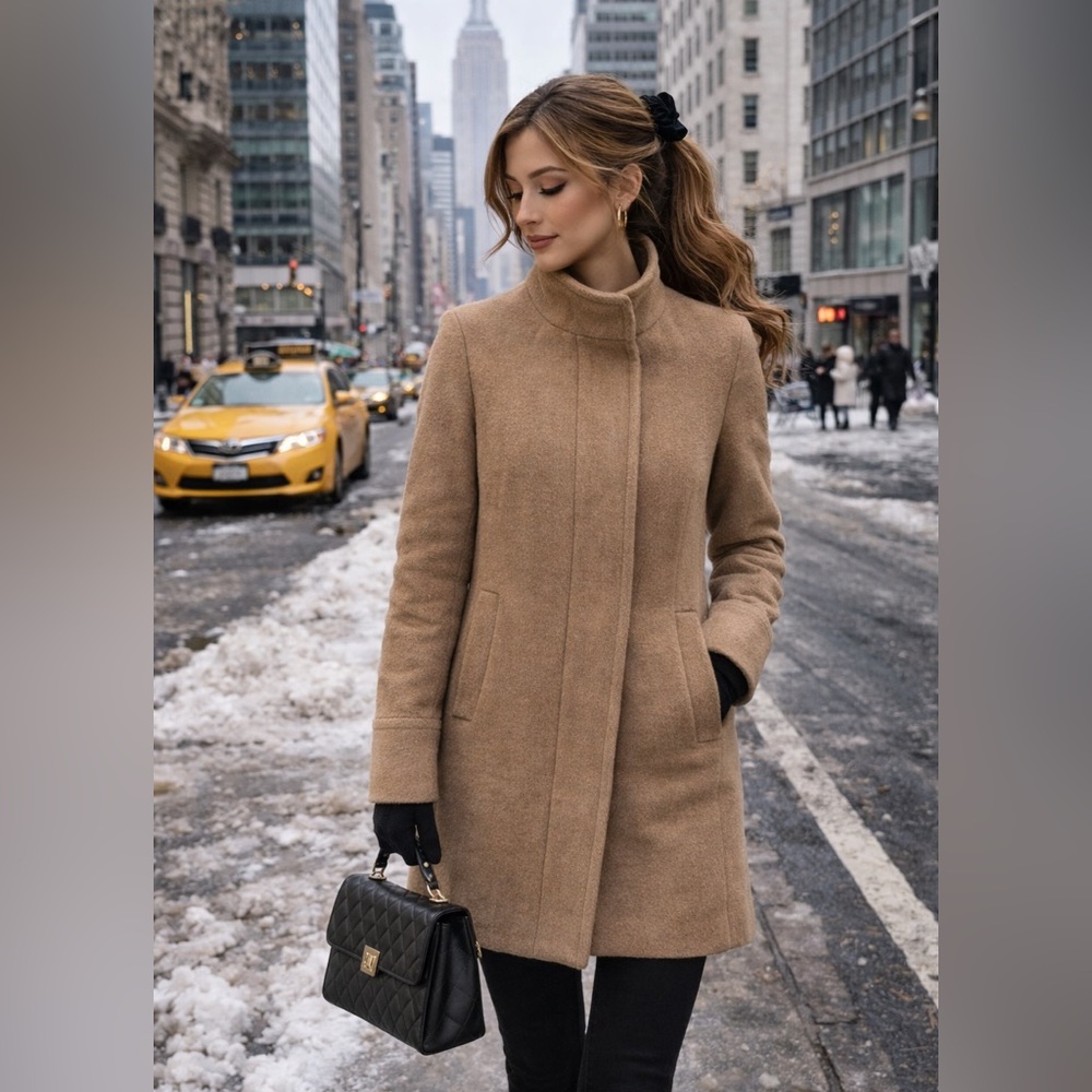J.Crew City Coat Camel Wool Blend Minimalist Tailored Coat tan brown preppy